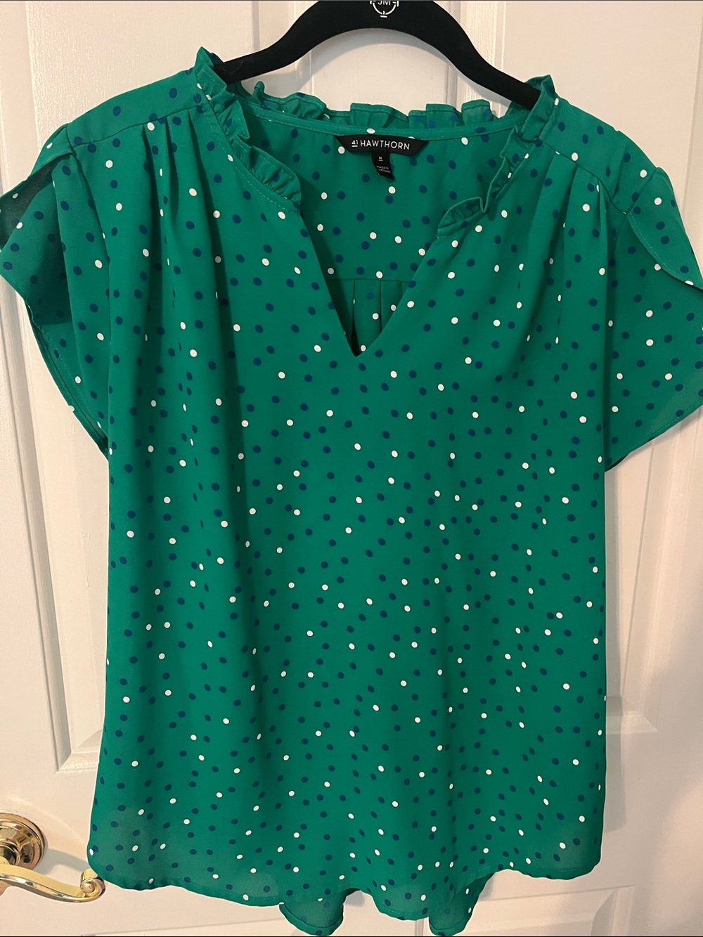 41 Hawthorn Emerald Green Polka Dot Ruffle-Trim Blouse